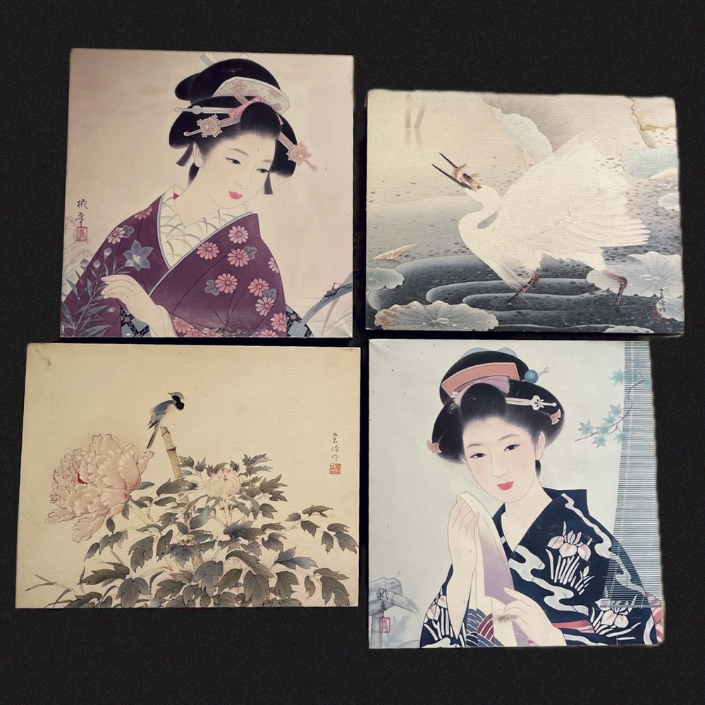 Vintage Distressed Geishas, Swan, & Flowers Printed Wrapped Wooden Panels Art